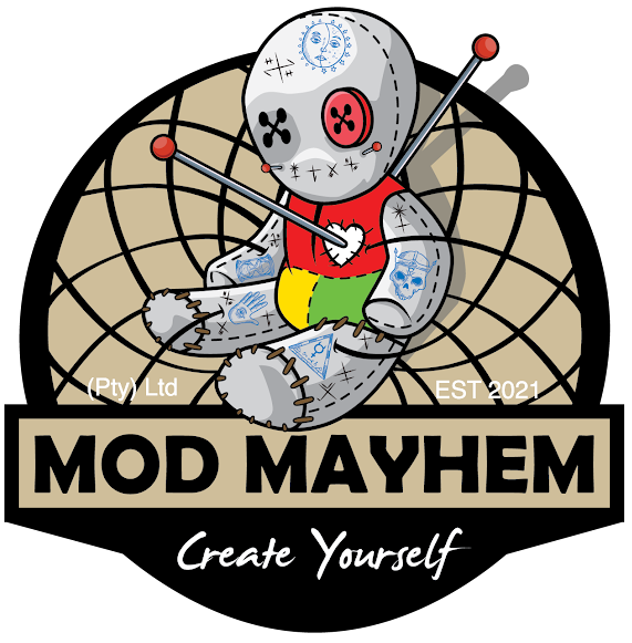 Logo of Mod Mayhem with a voodoo doll pierced with knitting needles on a beige background.